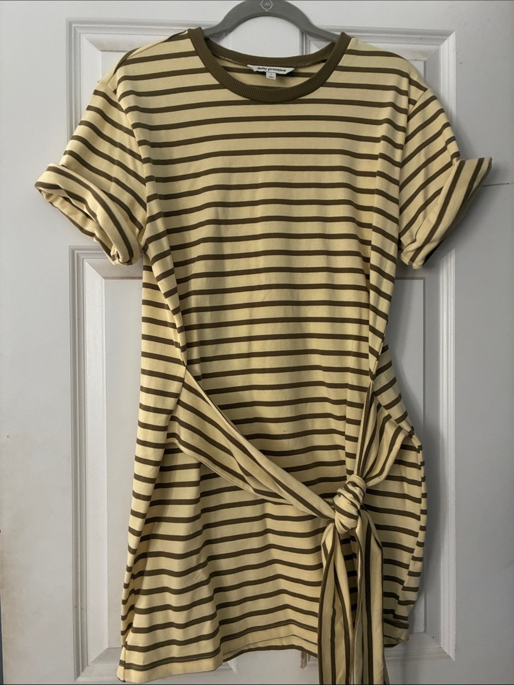 Striped Tie-Waist Short Sleeve dress - Yellow/Brown
